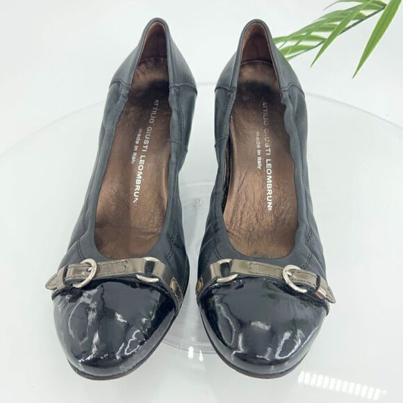 AGL Italy Women's Pump Size 39 9 Cap Toe Block Heel Chain Black Leather - Picture 4 of 14